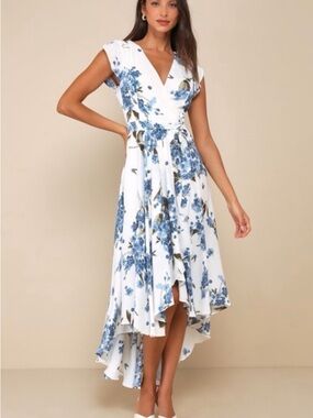 Lulu's White & Blue Floral Wrap High-Low Dress